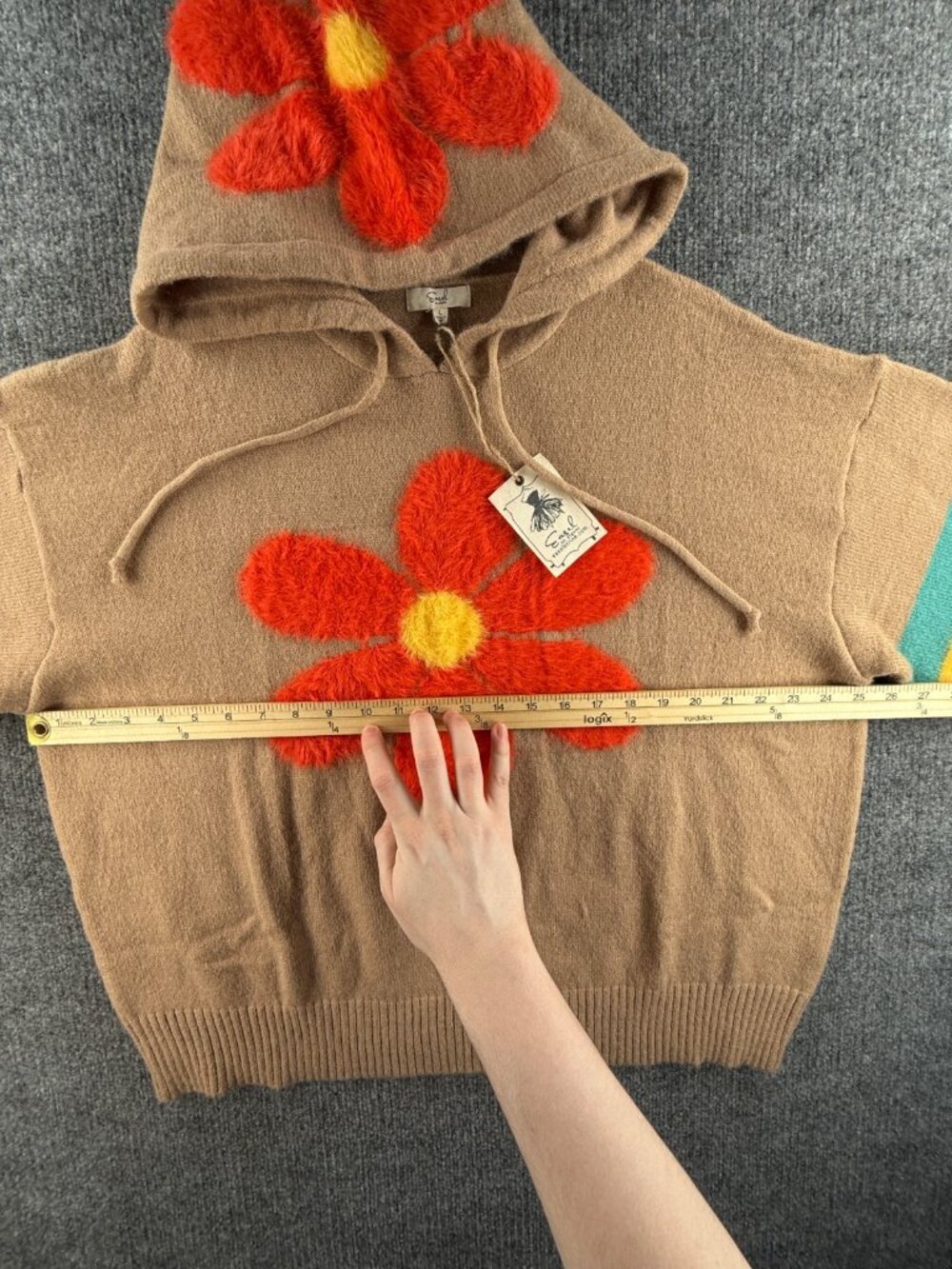 NWT Easel Sweater Beige Colorful Floral Soft Acrylic Blend Large Knit Hooded - Picture 7 of 15